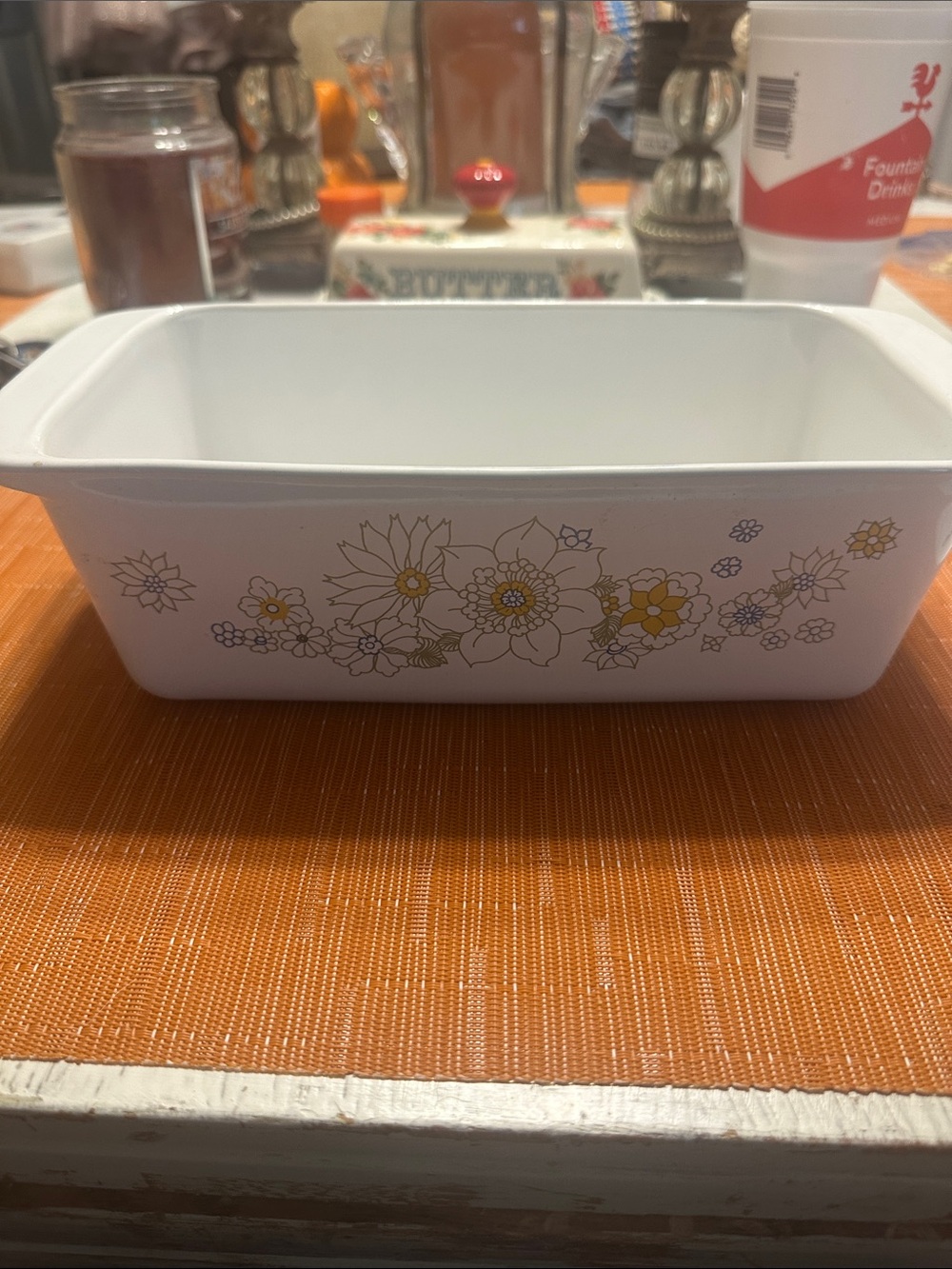 Corningware White Casserole Dish with Yellow and Brown Floral Pattern